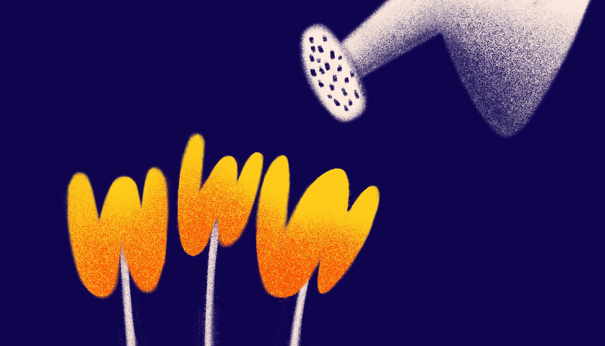 An illustration depicts a watering can pouring water over four stylized, abstract orange-and-yellow flowers. The background is a deep blue, creating a striking contrast with the brightly colored flowers.