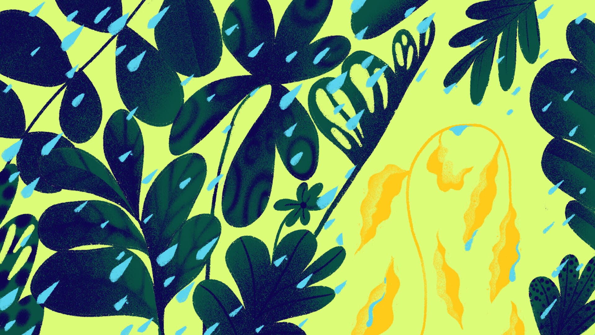 Illustration of dense tropical foliage with large, dark green leaves in varying shades. Blue raindrops dot the leaves, creating a refreshing, vibrant scene. A golden waterfall is visible in the bottom right, blending naturally with the lush plants.
