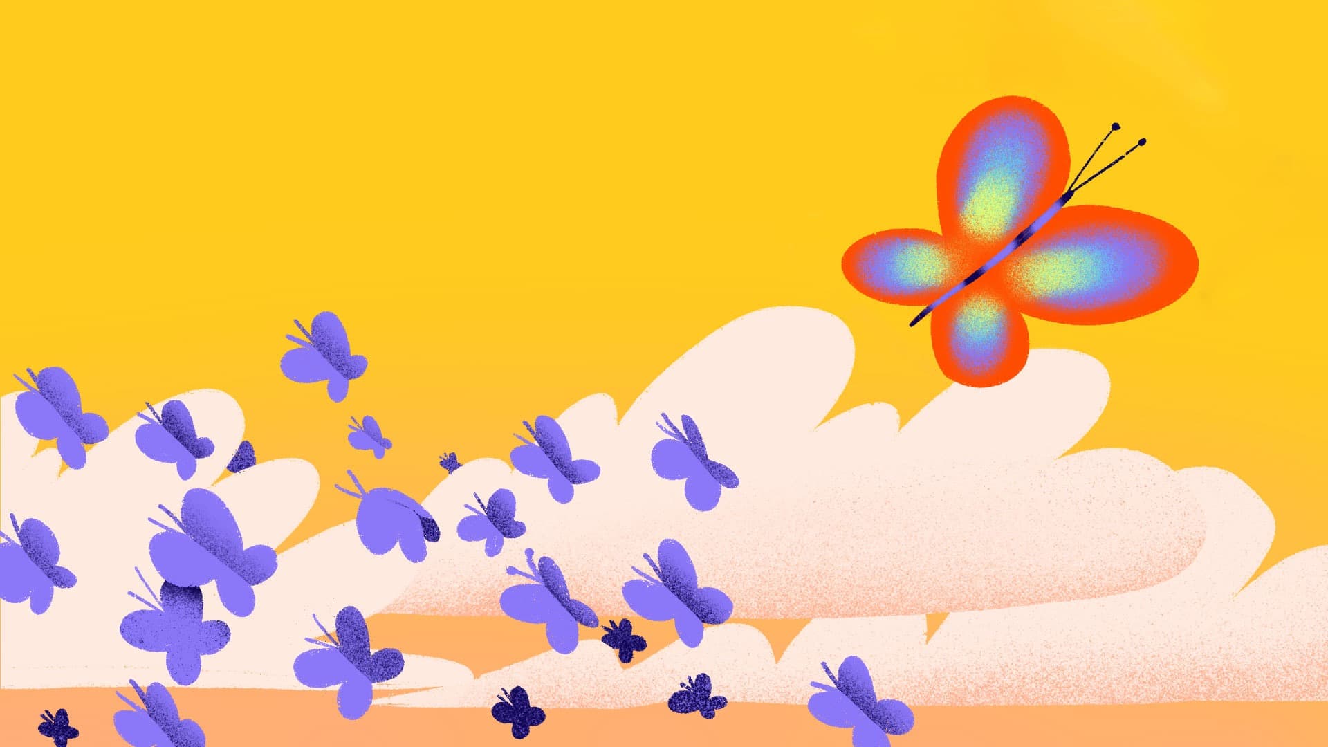 A group of small purple butterflies flies near soft, white clouds against a yellow sky, while one large, colorful butterfly soars above the rest.
