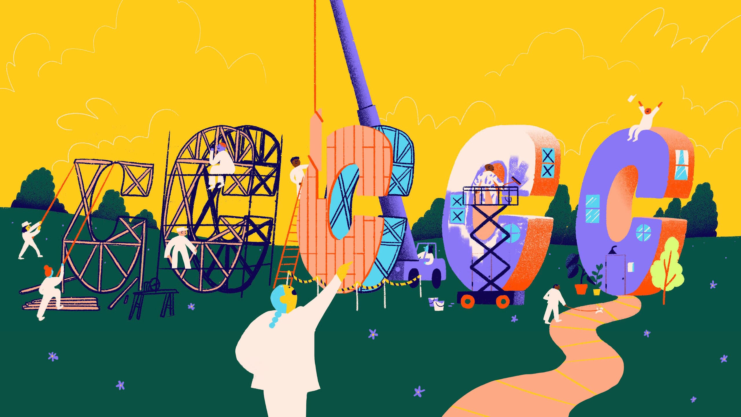 Bright and whimsical illustration of the Google logo being constructed. Workers with ladders, cranes, and tools are assembling the colorful letters in a park-like setting, surrounded by trees and a yellow sky. A pathway leads to the final "e" of the logo.