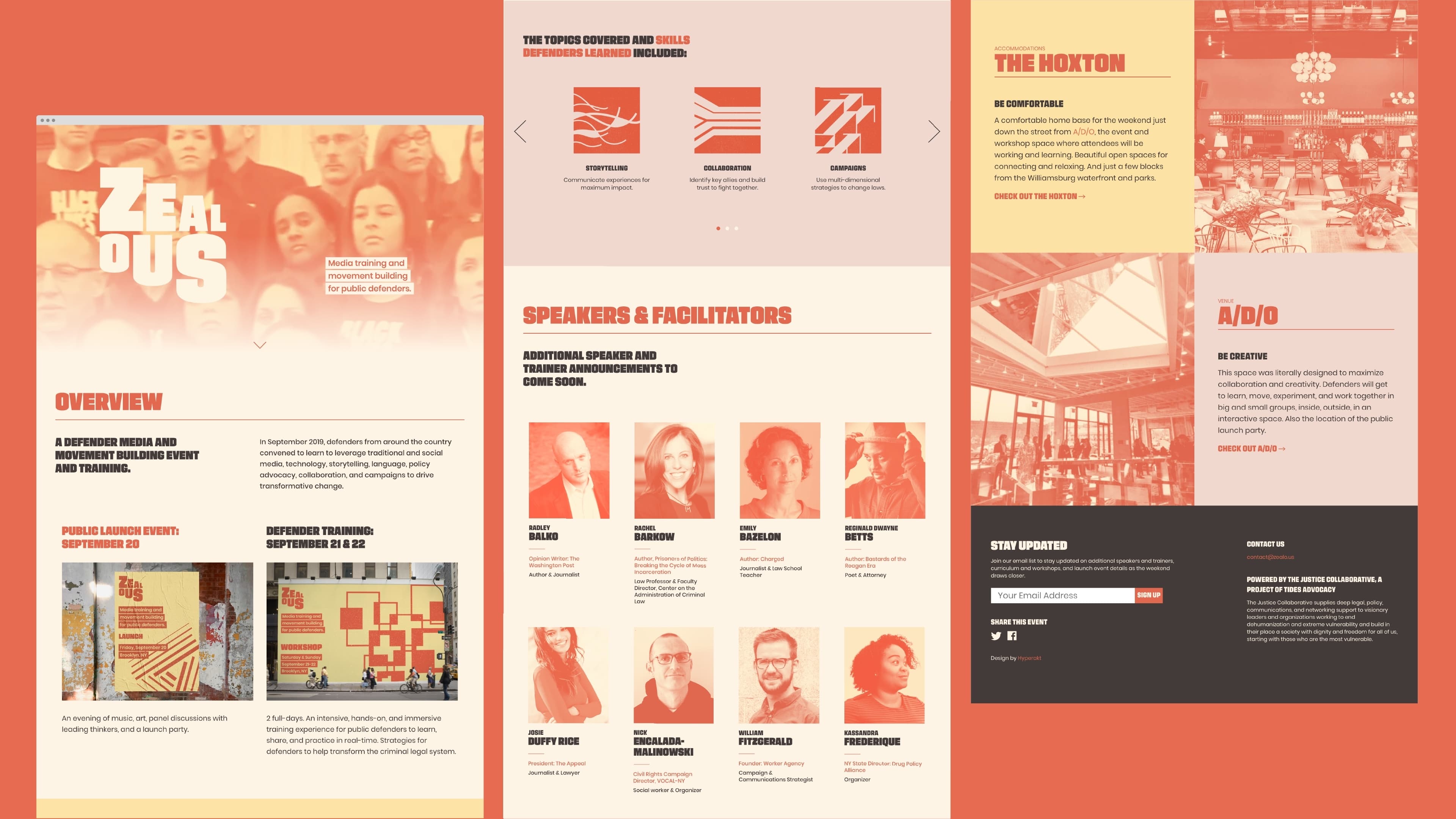 A three-column webpage featuring event information. The left column includes an overview and public learning information. The middle column lists speakers and facilitators with photos. The right column features logos and a section about The Hoxton with more text and an image.